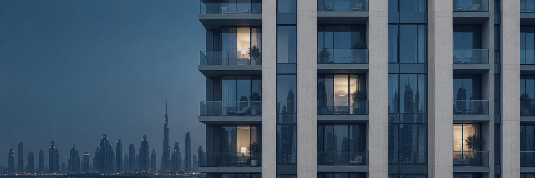Façade d'un immeuble résidentiel à Dubaï à l'heure bleue